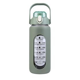 64Oz Glass Water Bottle Sports Water Bottle Motivational Water Bottle Water Intake Tracker Bottle with Straw Time Marker Silicone Sleeve Handle f (Color: Green, size: 64oz)